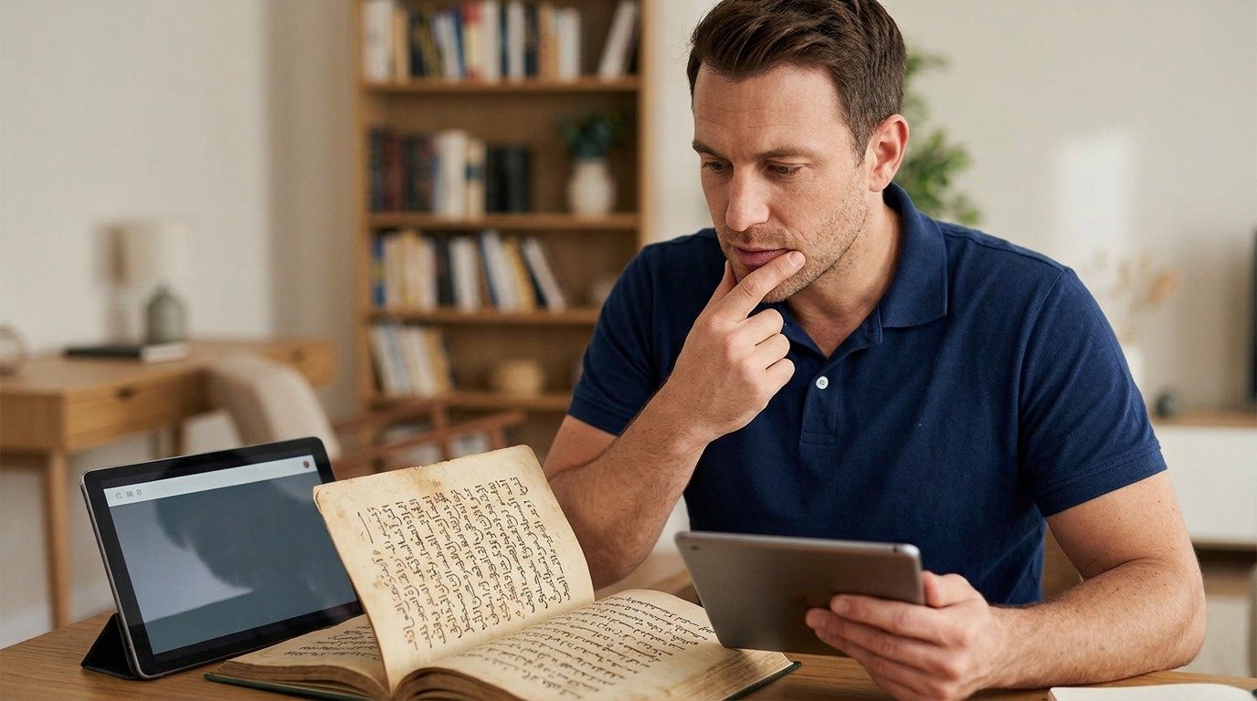 reviewing Quran lesson notes on a tablet at home