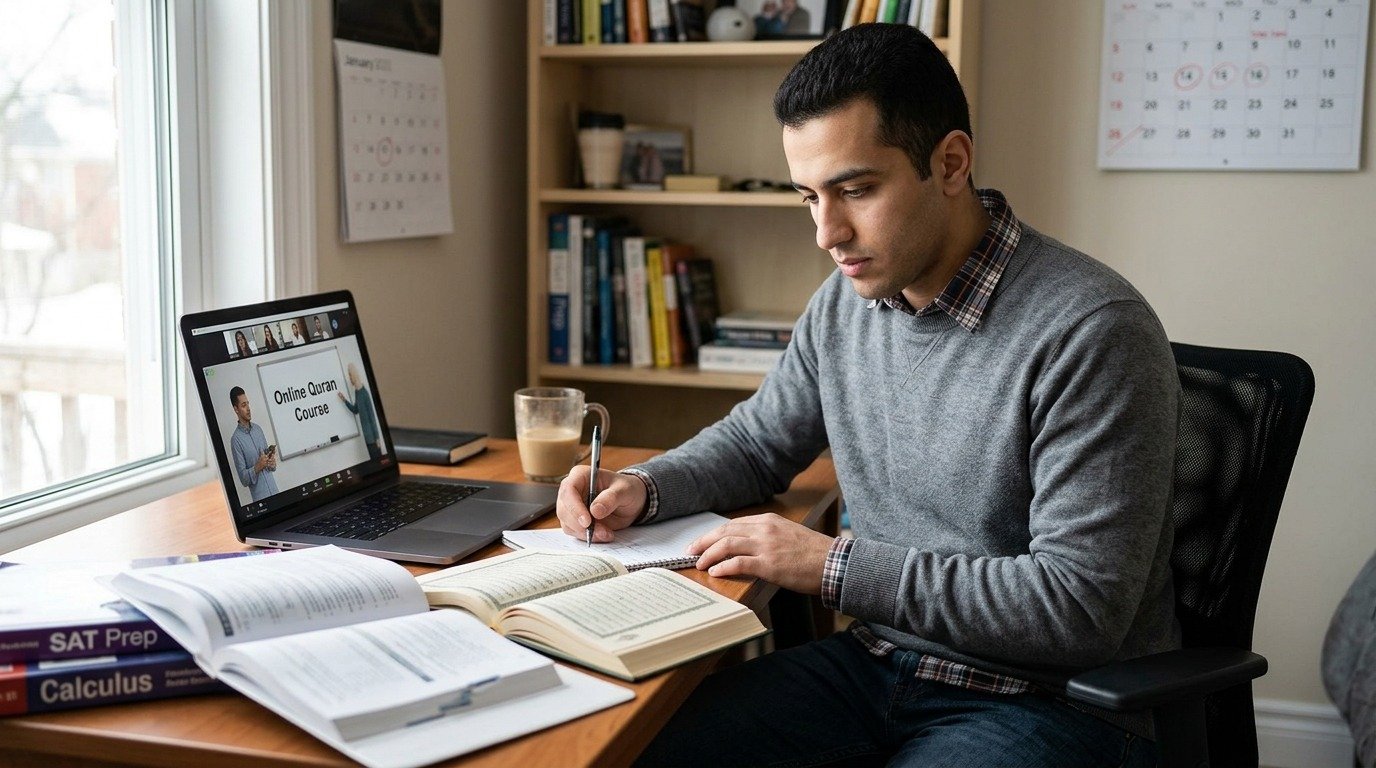 student attending an online Quran class from home