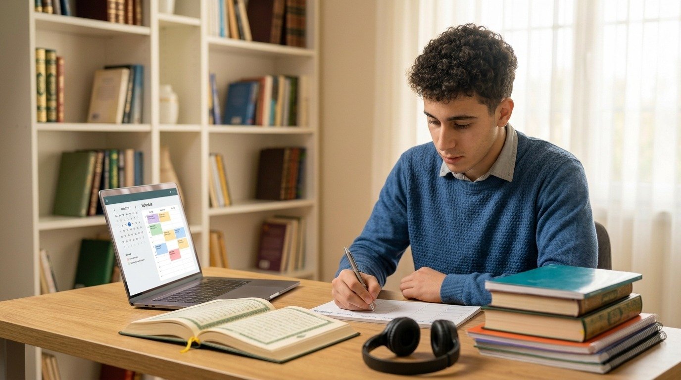 parent helping child balance school and Quran class schedule